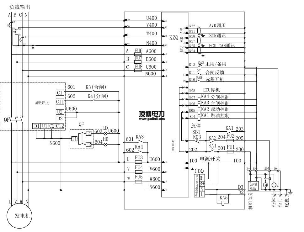 580KW柴油发电机并机柜线路电气图